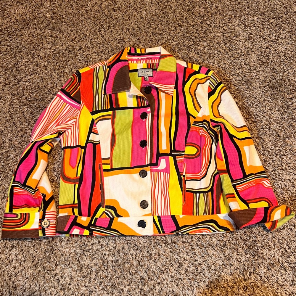 ITW by Claude Brown Puzzlement Jacket Size 4 Abstract‎ Print Button Up Colorful